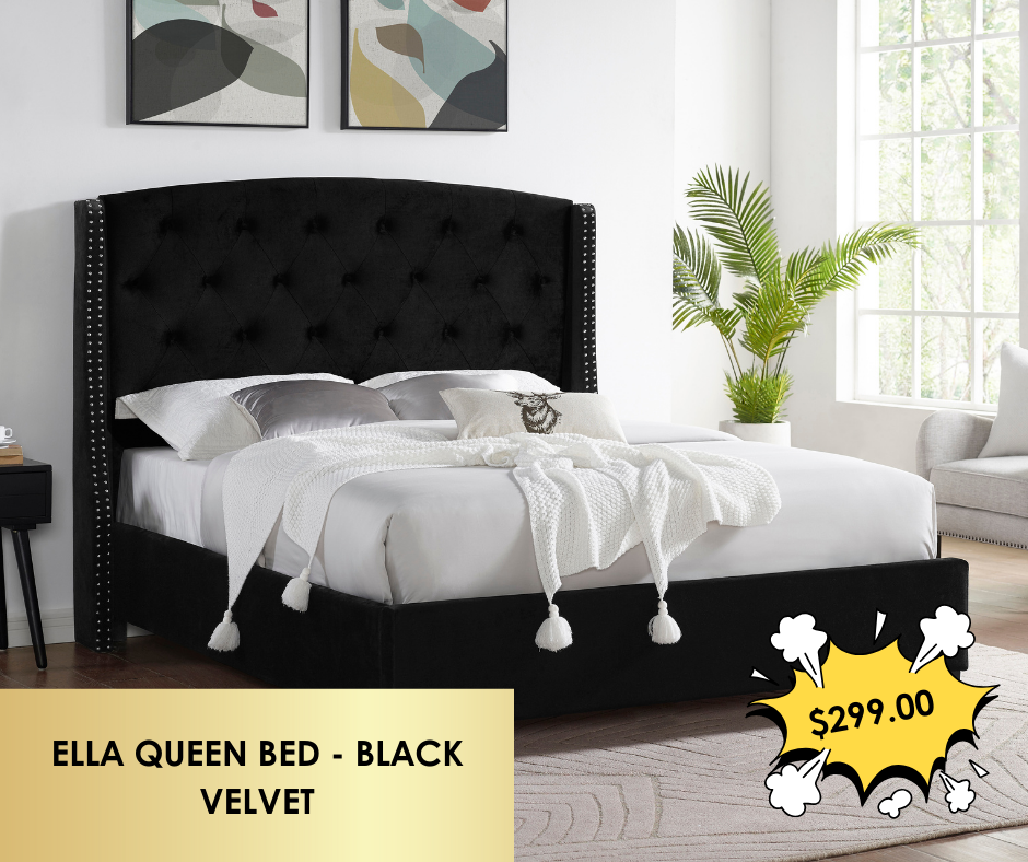 ELLA QUEEN BED - BLACK VELVET