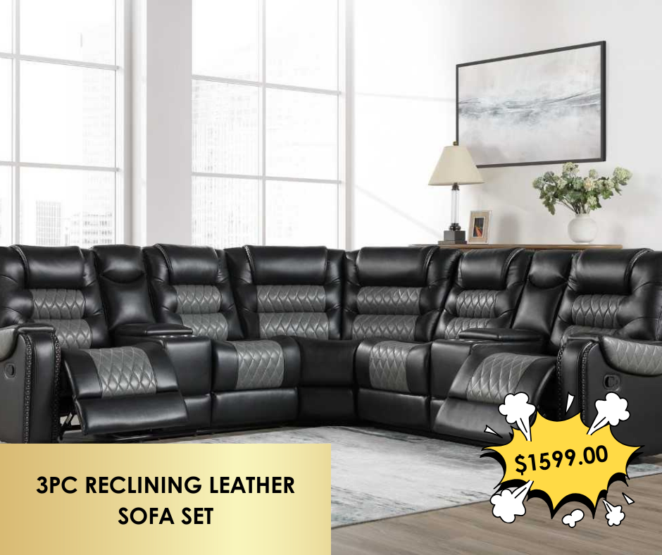 3PC RECLINING LEATHER SOFA SET - Black