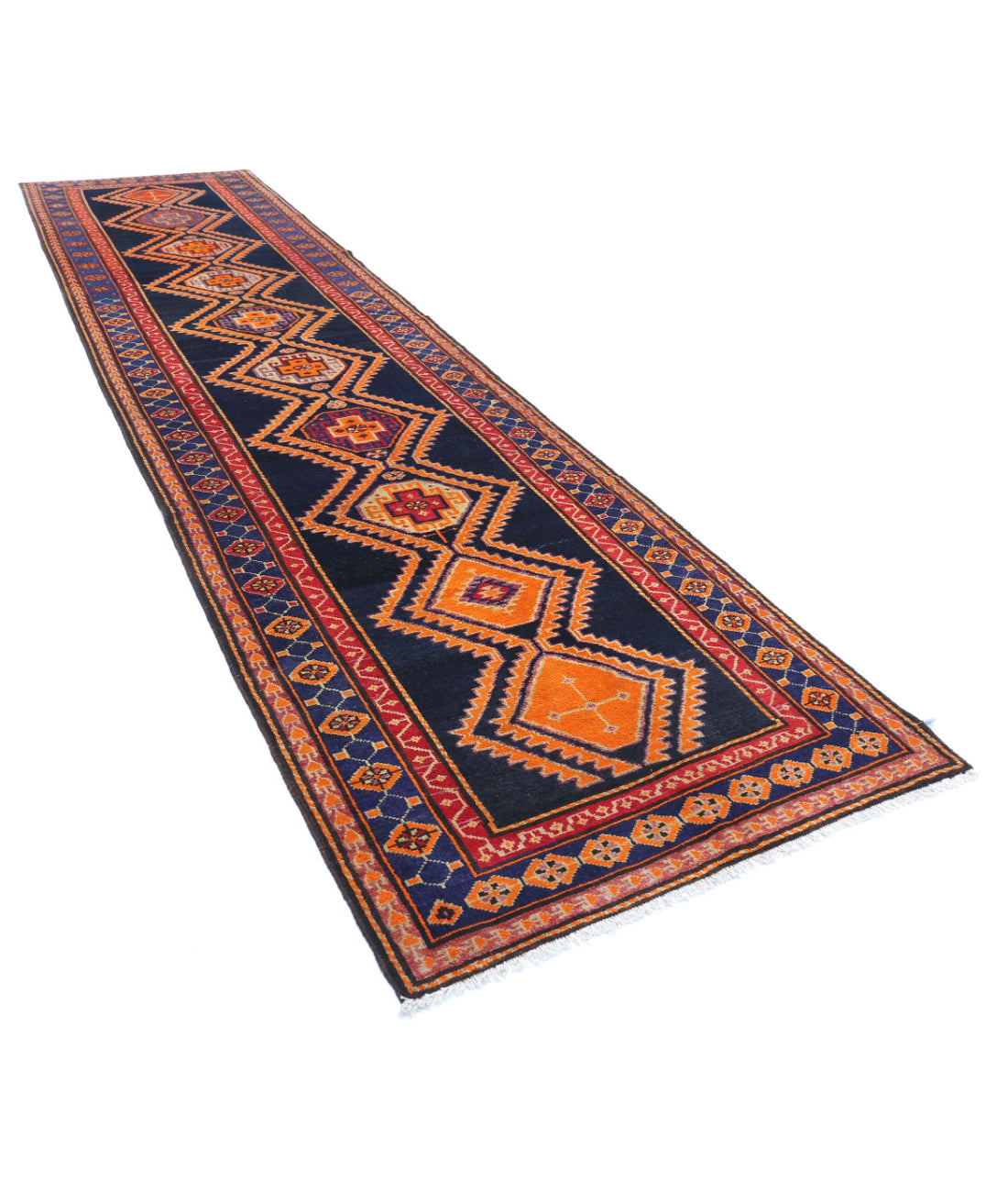 Hand Knotted Persian Hamadan Wool Rug - 4'2'' x 16'0'' 4'2'' x 16'0'' (125 X 480) / Blue / Rust