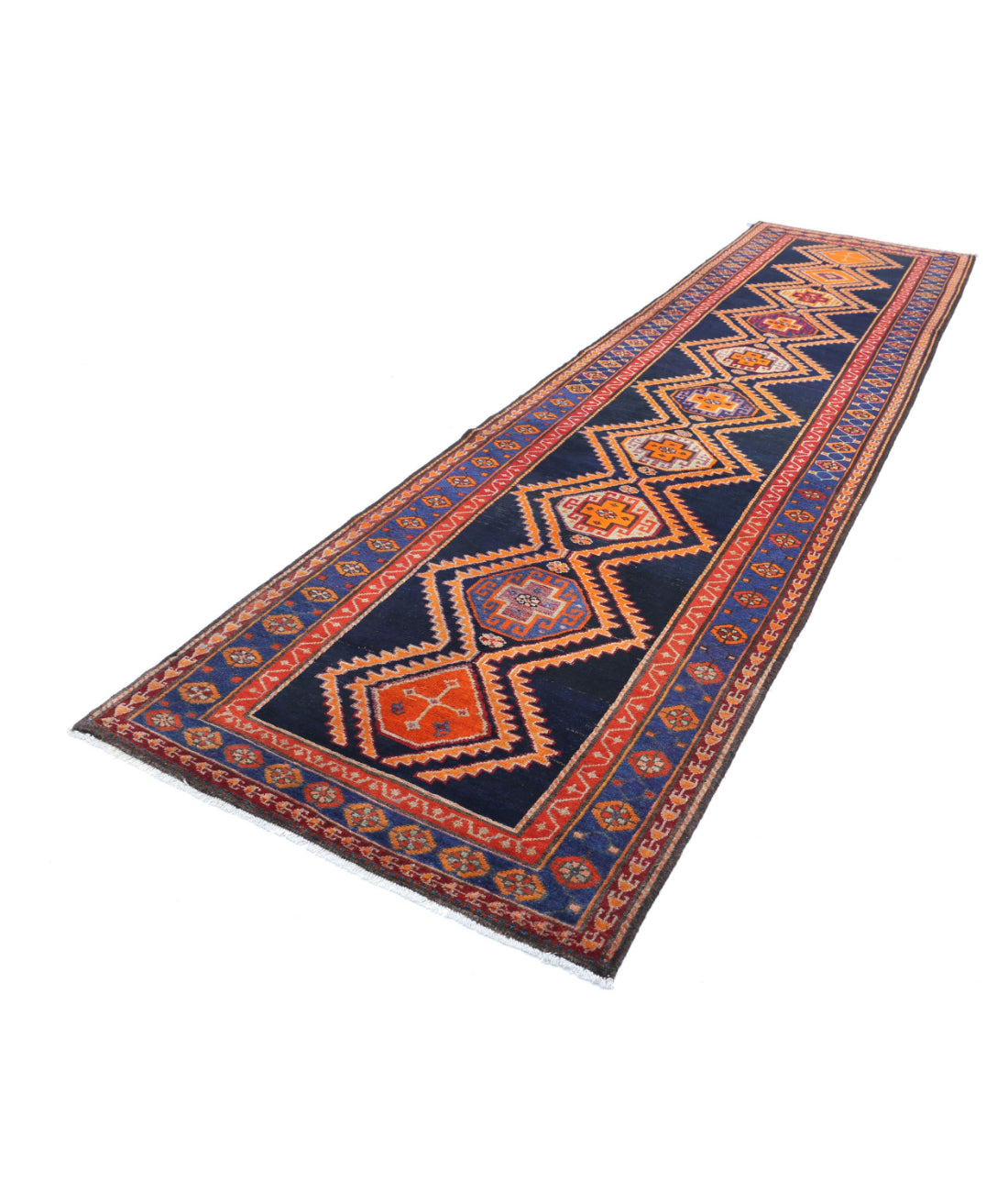 Hand Knotted Persian Hamadan Wool Rug - 4'2'' x 16'0'' 4'2'' x 16'0'' (125 X 480) / Blue / Rust