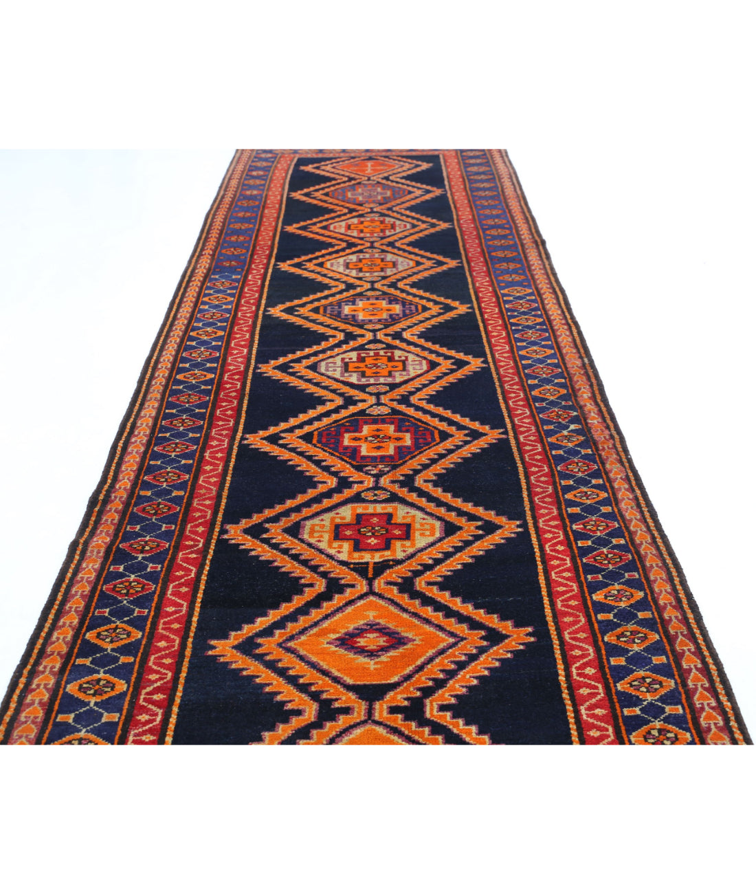 Hand Knotted Persian Hamadan Wool Rug - 4'2'' x 16'0'' 4'2'' x 16'0'' (125 X 480) / Blue / Rust