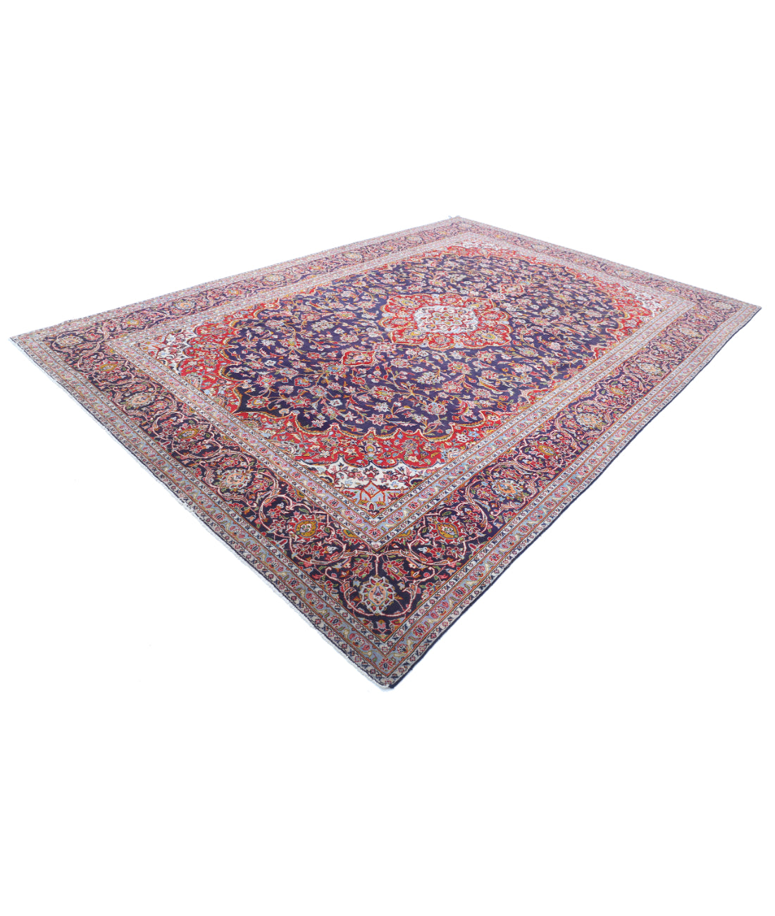 Hand Knotted Persian Kashan Wool Rug - 9'0'' x 13'2'' 9'0'' x 13'2'' (270 X 395) / Blue / Red