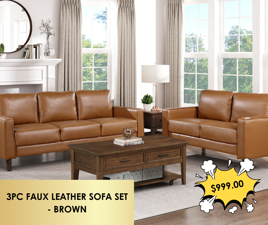 3PC FAUX LEATHER SOFA SET - BROWN