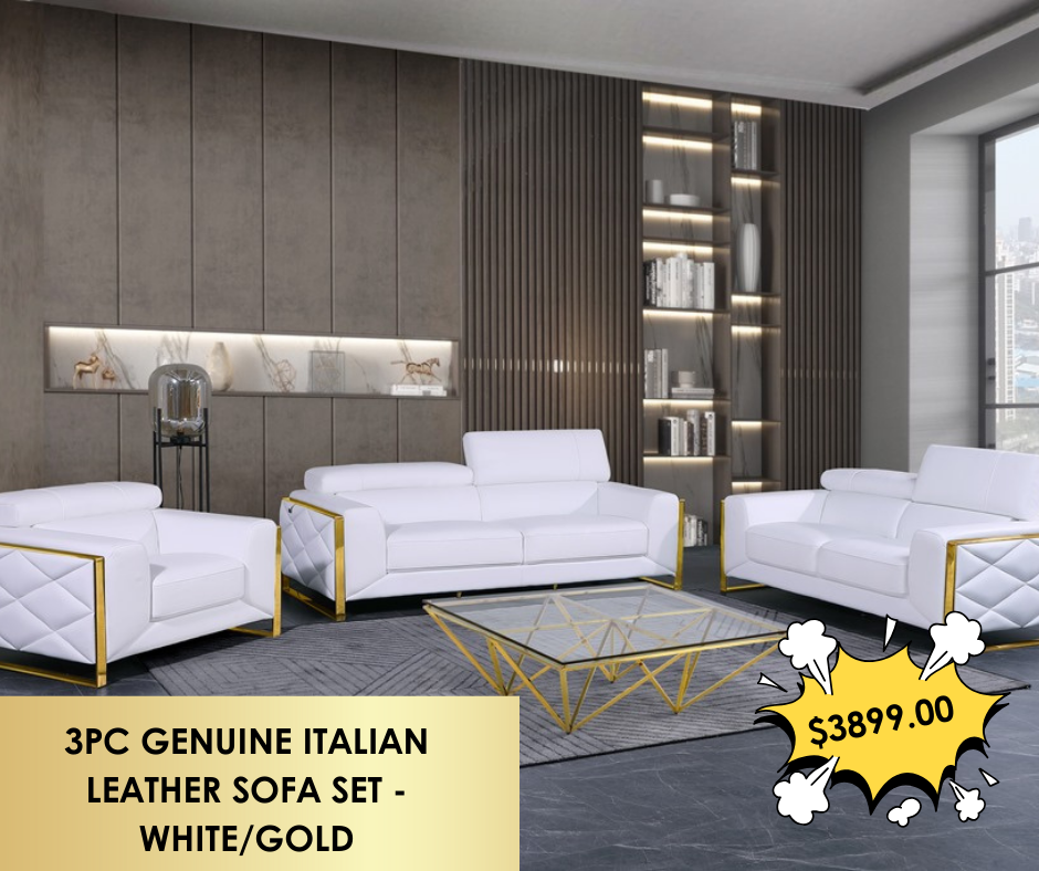 3PC GENUINE ITALIAN LEATHER SOFA SET - WHITE/GOLD