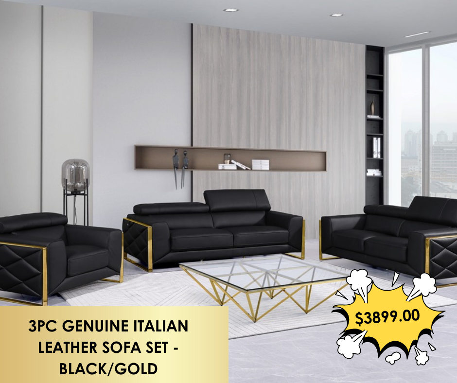 3PC GENUINE ITALIAN LEATHER SOFA SET - GOLD/BLACK