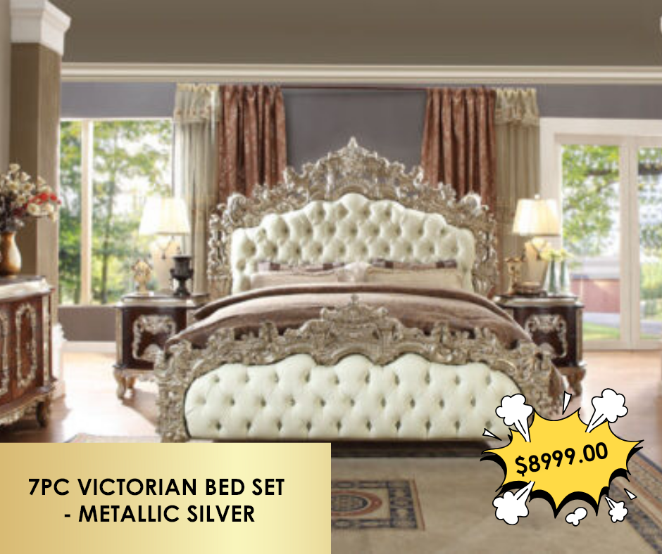 7PC VICTORIAN KING BED SET - METALLIC SILVER