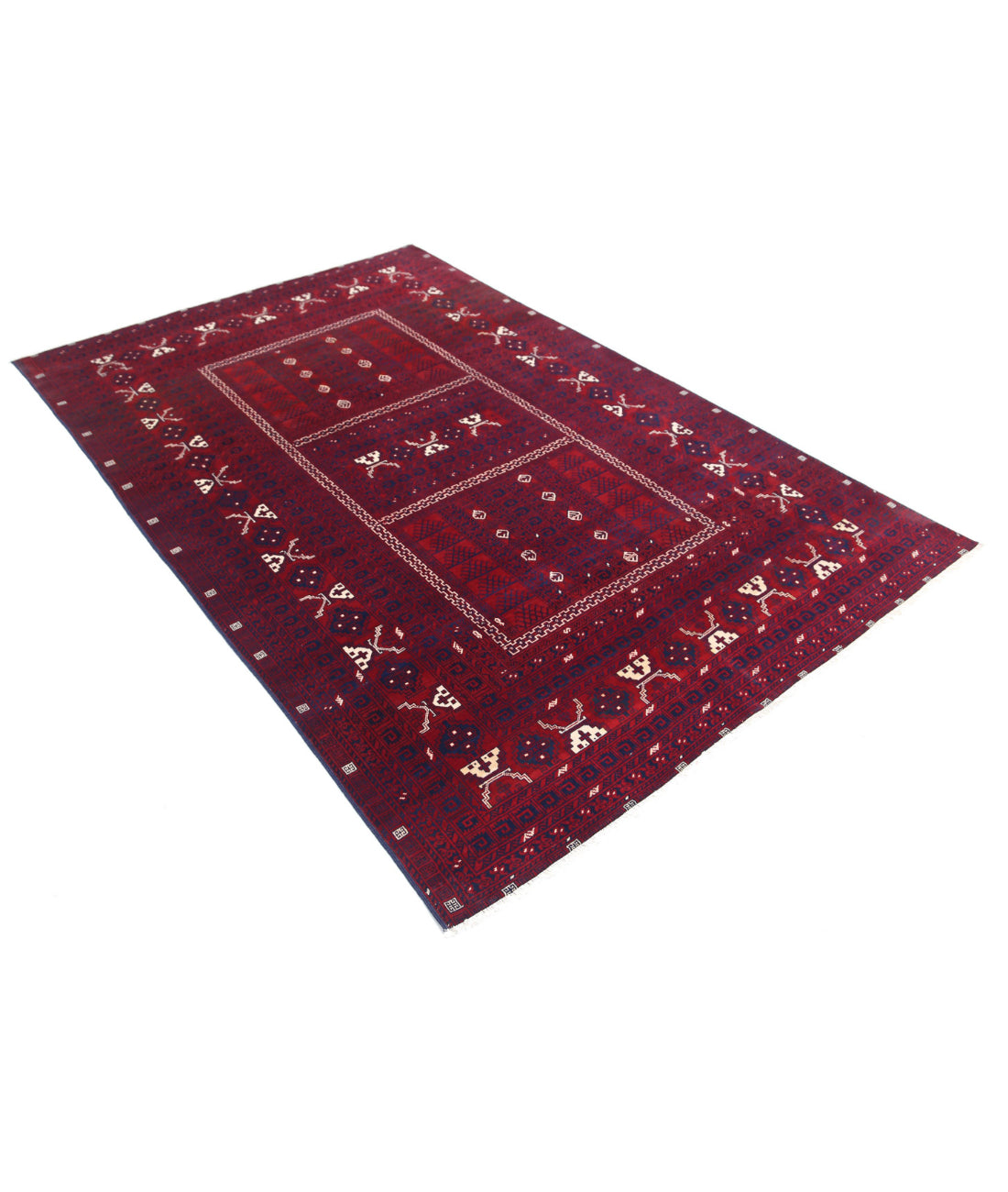 Hand Knotted Afghan Beljik Wool Rug - 5'2'' x 7'10'' 5'2'' x 7'10'' (155 X 235) / Red / Blue