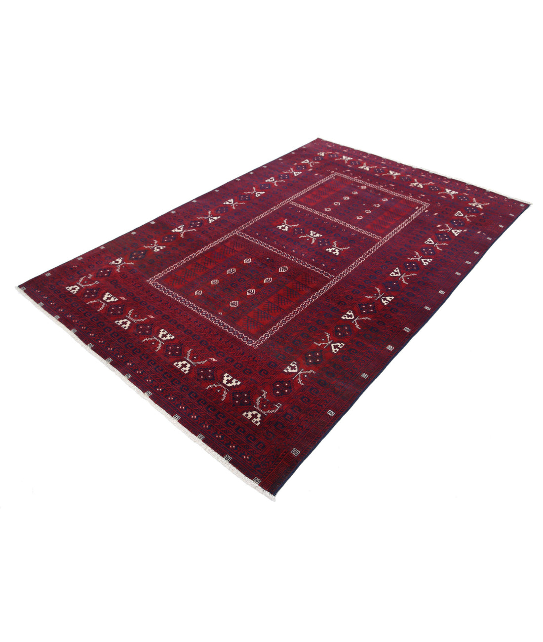 Hand Knotted Afghan Beljik Wool Rug - 5'2'' x 7'10'' 5'2'' x 7'10'' (155 X 235) / Red / Blue