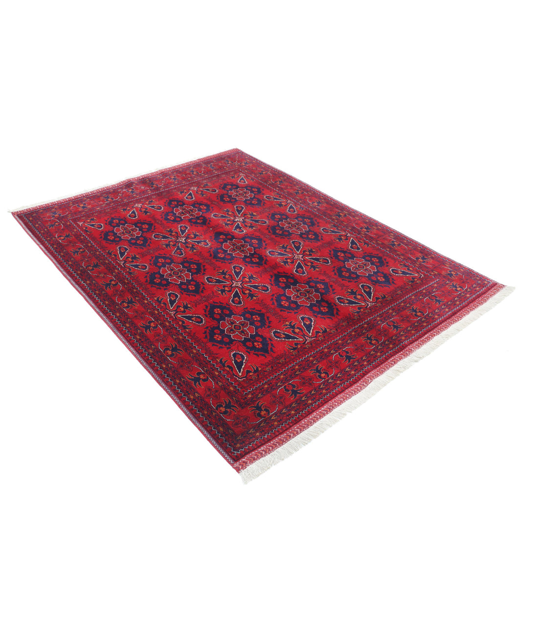 Hand Knotted Afghan Beljik Wool Rug - 4'10'' x 6'3'' 4'10'' x 6'3'' (145 X 188) / Red / Blue