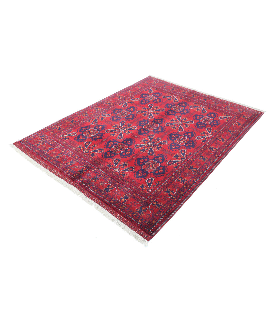 Hand Knotted Afghan Beljik Wool Rug - 4'10'' x 6'3'' 4'10'' x 6'3'' (145 X 188) / Red / Blue