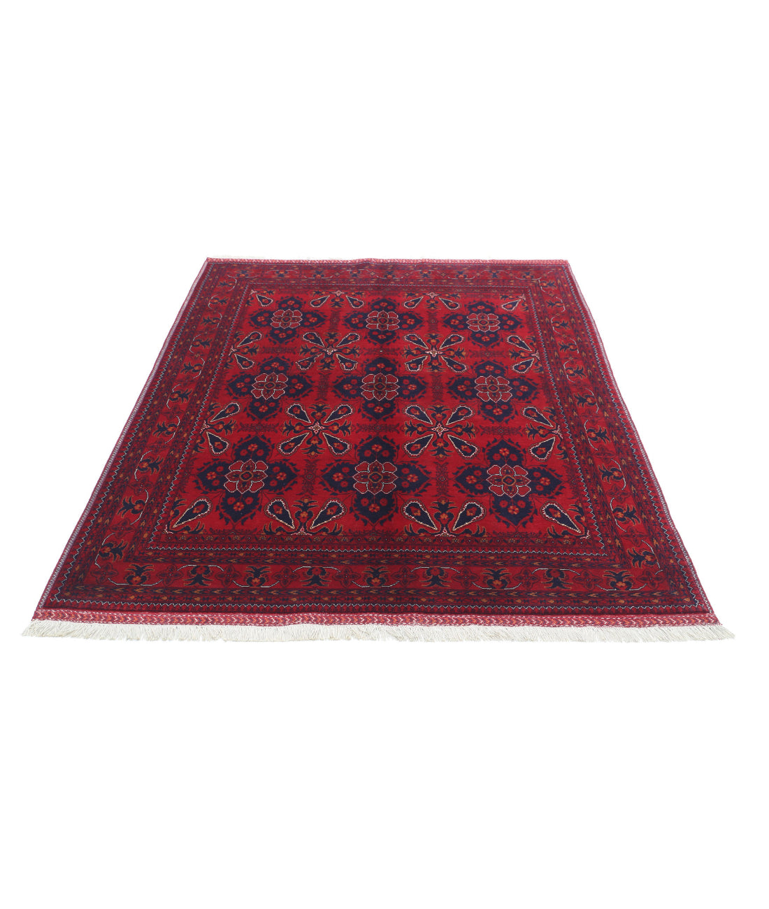 Hand Knotted Afghan Beljik Wool Rug - 4'10'' x 6'3'' 4'10'' x 6'3'' (145 X 188) / Red / Blue