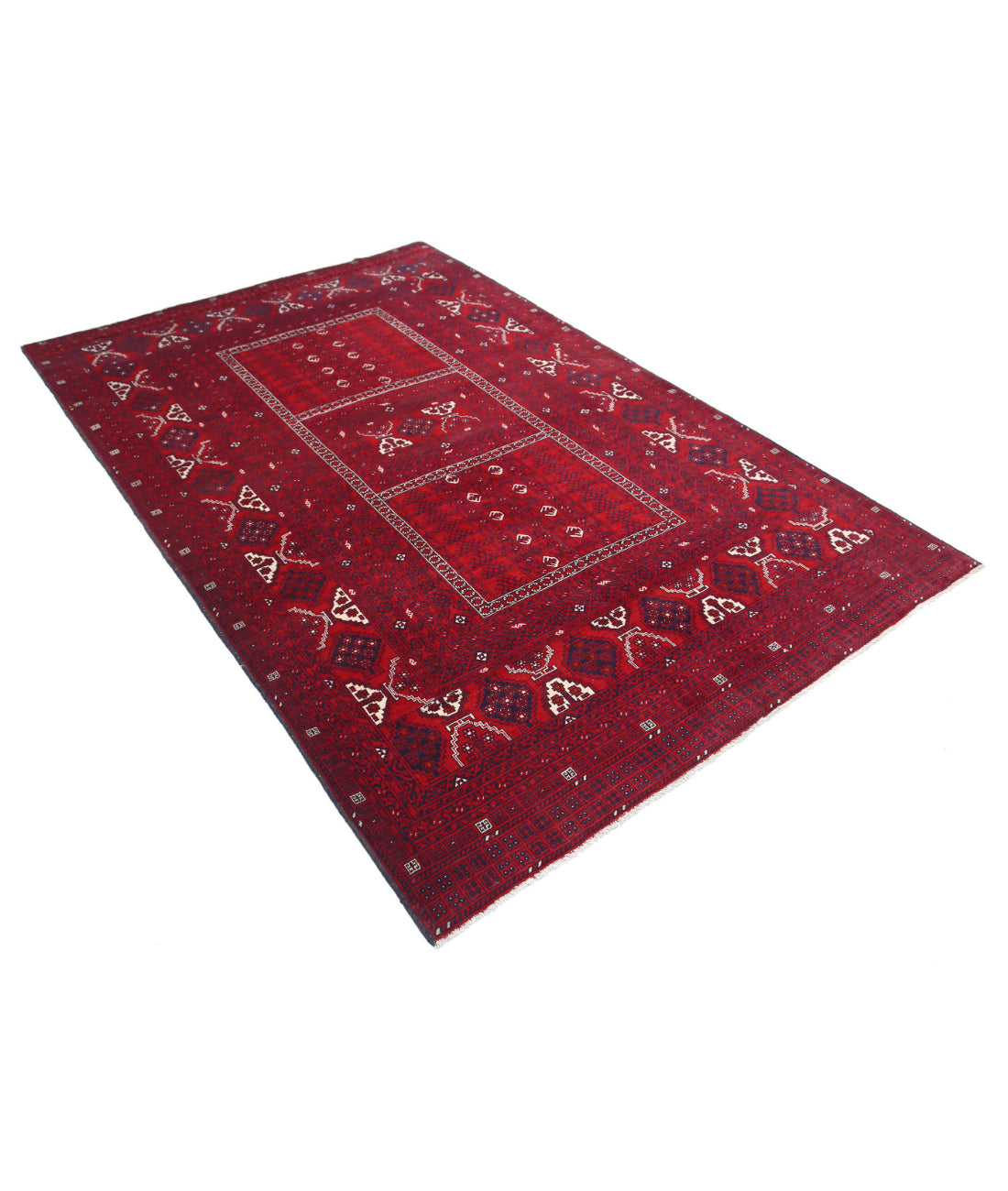 Hand Knotted Afghan Beljik Wool Rug - 5'1'' x 7'10'' 5'1'' x 7'10'' (153 X 235) / Red / Blue