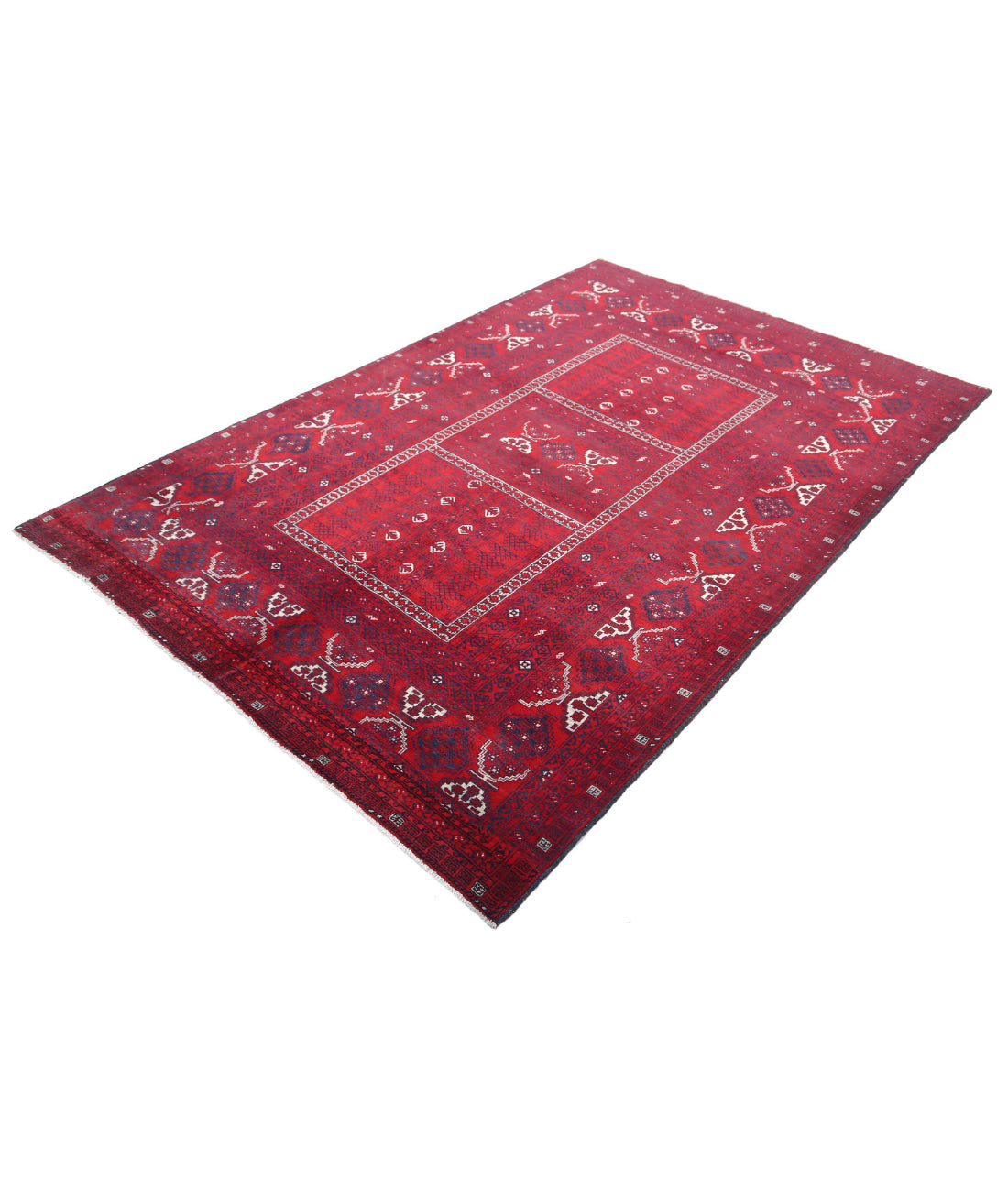 Hand Knotted Afghan Beljik Wool Rug - 5'1'' x 7'10'' 5'1'' x 7'10'' (153 X 235) / Red / Blue