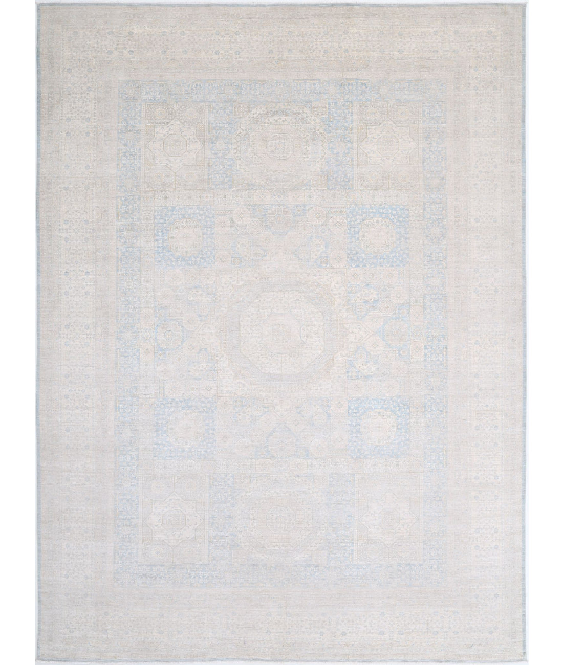 Hand Knotted Fine Mamluk Wool Rug - 12'8'' x 17'1'' 12'8'' x 17'1'' (380 X 513) / Blue / Ivory