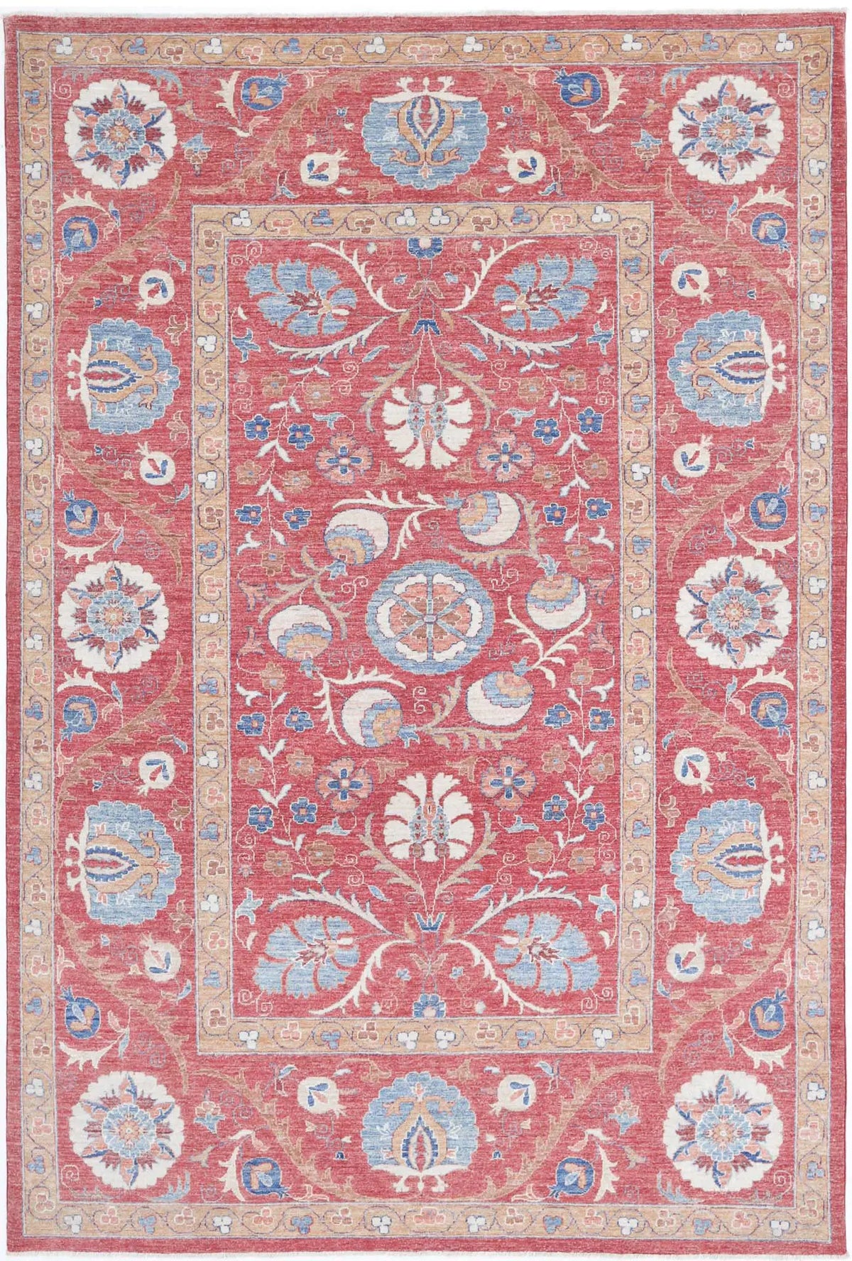 Hand Knotted Ziegler Suzani Wool Rug - 6&#39;7&#39;&#39; x 9&#39;10&#39;&#39;