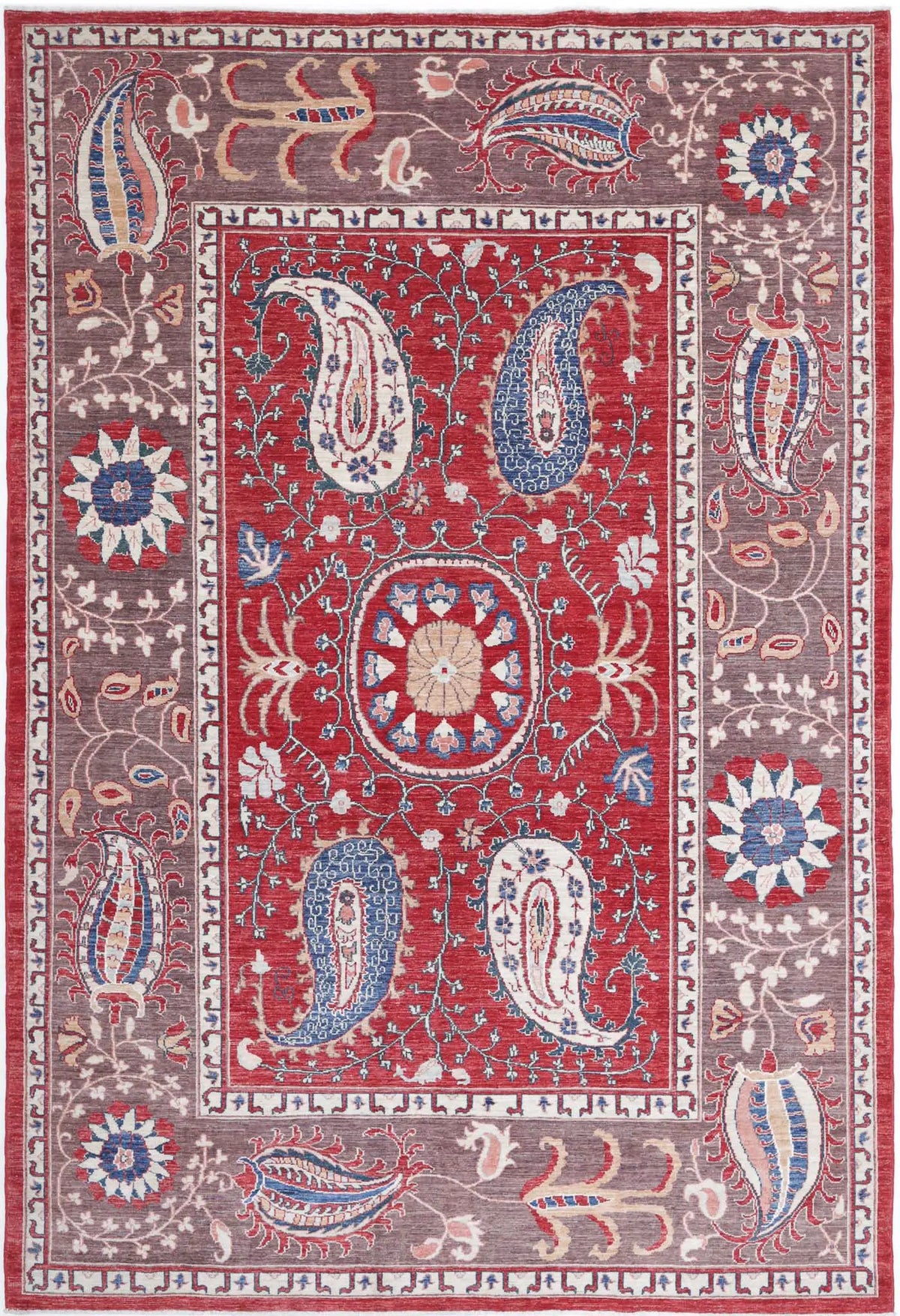 Hand Knotted Ziegler Suzani Wool Rug - 6&#39;7&#39;&#39; x 9&#39;9&#39;&#39;