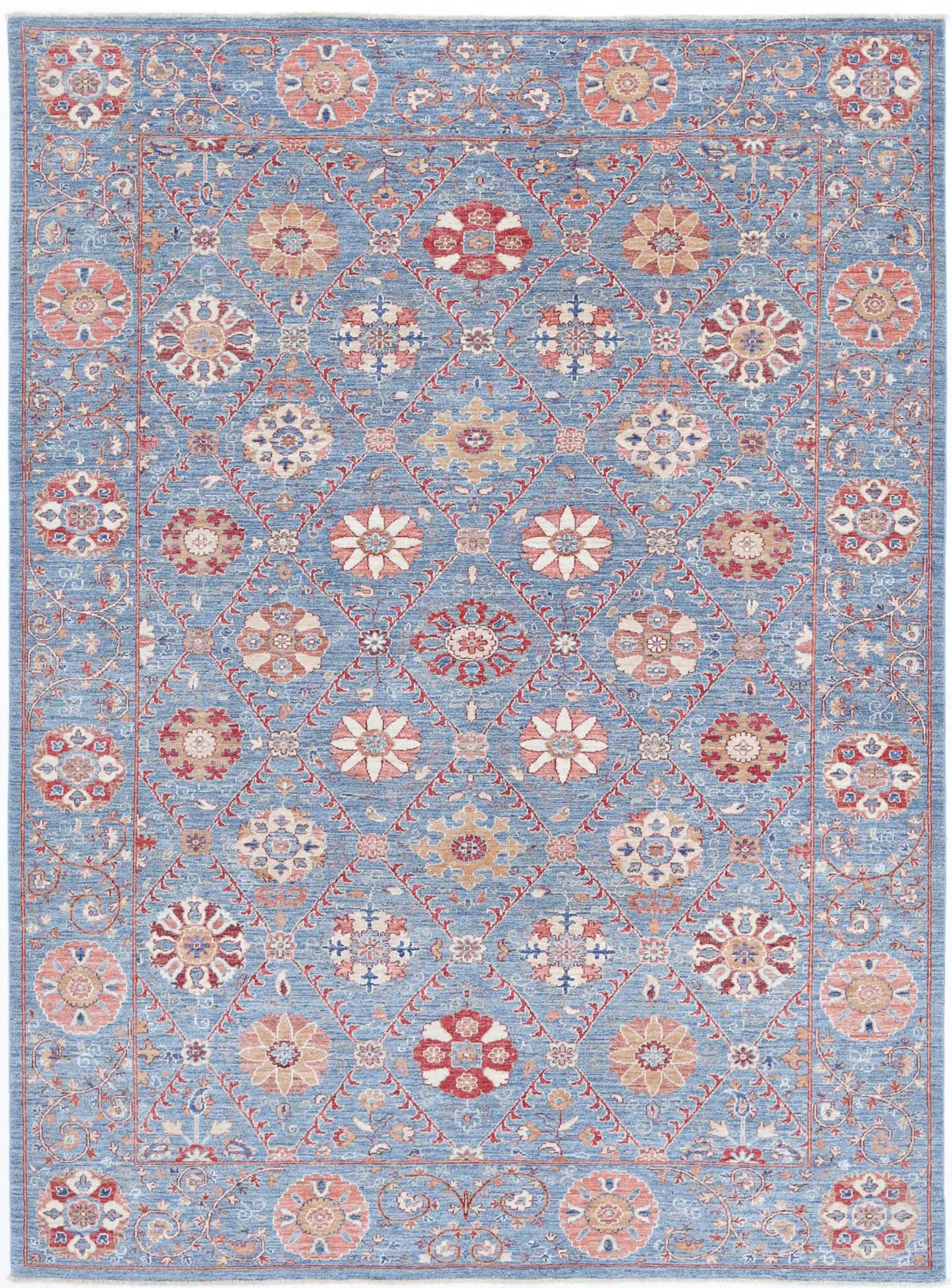 Hand Knotted Ziegler Suzani Wool Rug - 6&#39;8&#39;&#39; x 9&#39;3&#39;&#39;