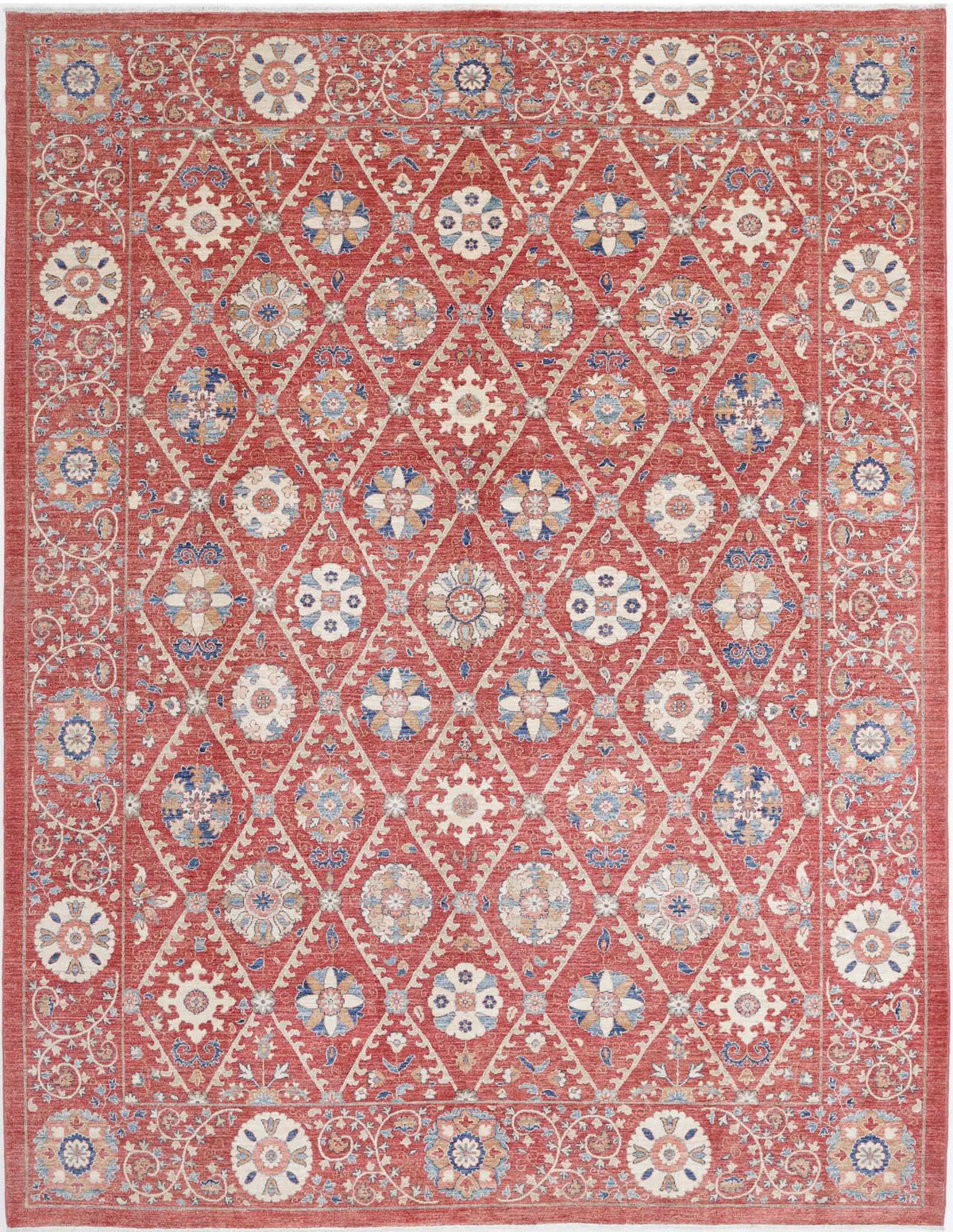 Hand Knotted Ziegler Suzani Wool Rug - 9&#39;0&#39;&#39; x 11&#39;6&#39;&#39;