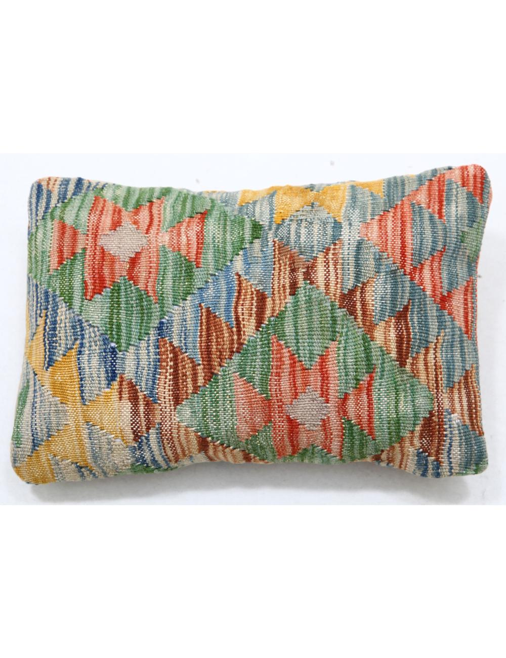 Hand Woven Tribal Multi Color Geometric Wool Pillow - 1&#39;0&#39;&#39; x 1&#39;5&#39;&#39; Arteverk Arteverk Rugs