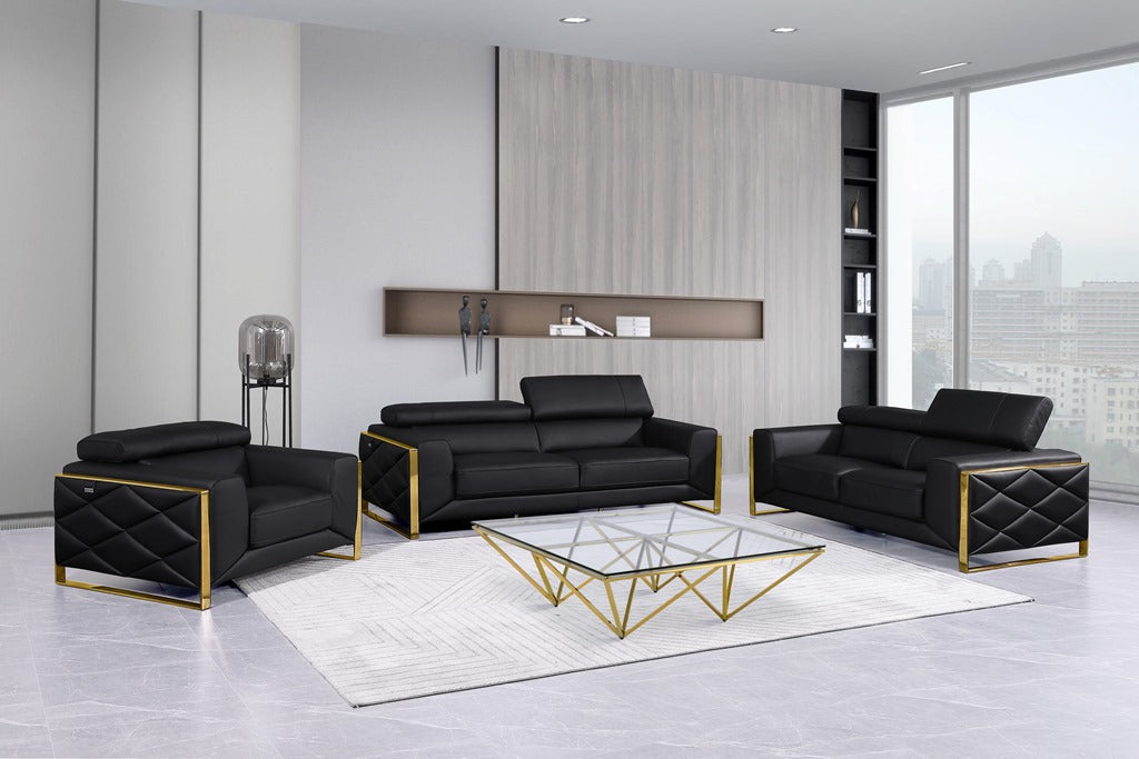 3PC GENUINE ITALIAN LEATHER SOFA SET - GOLD/BLACK