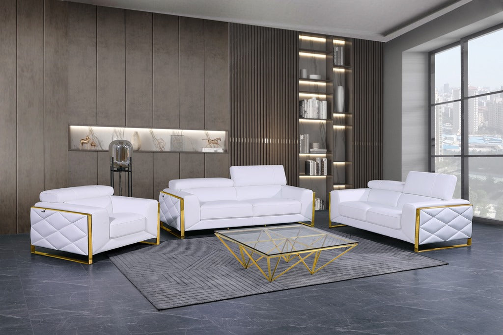 3PC GENUINE ITALIAN LEATHER SOFA SET - WHITE/GOLD