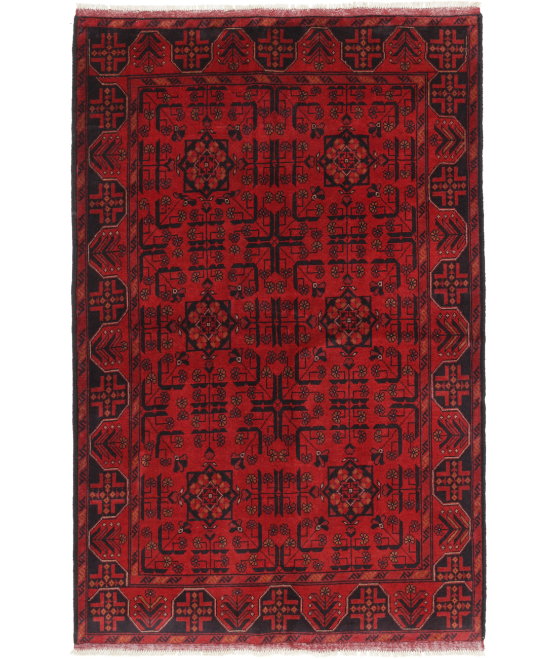 Hand Knotted Afghan Wool Rug  - 4&#39; 2&quot; X 6&#39; 5&quot; 4&#39; 2&quot; X 6&#39; 5&quot; (127 X 196) / Red / Black