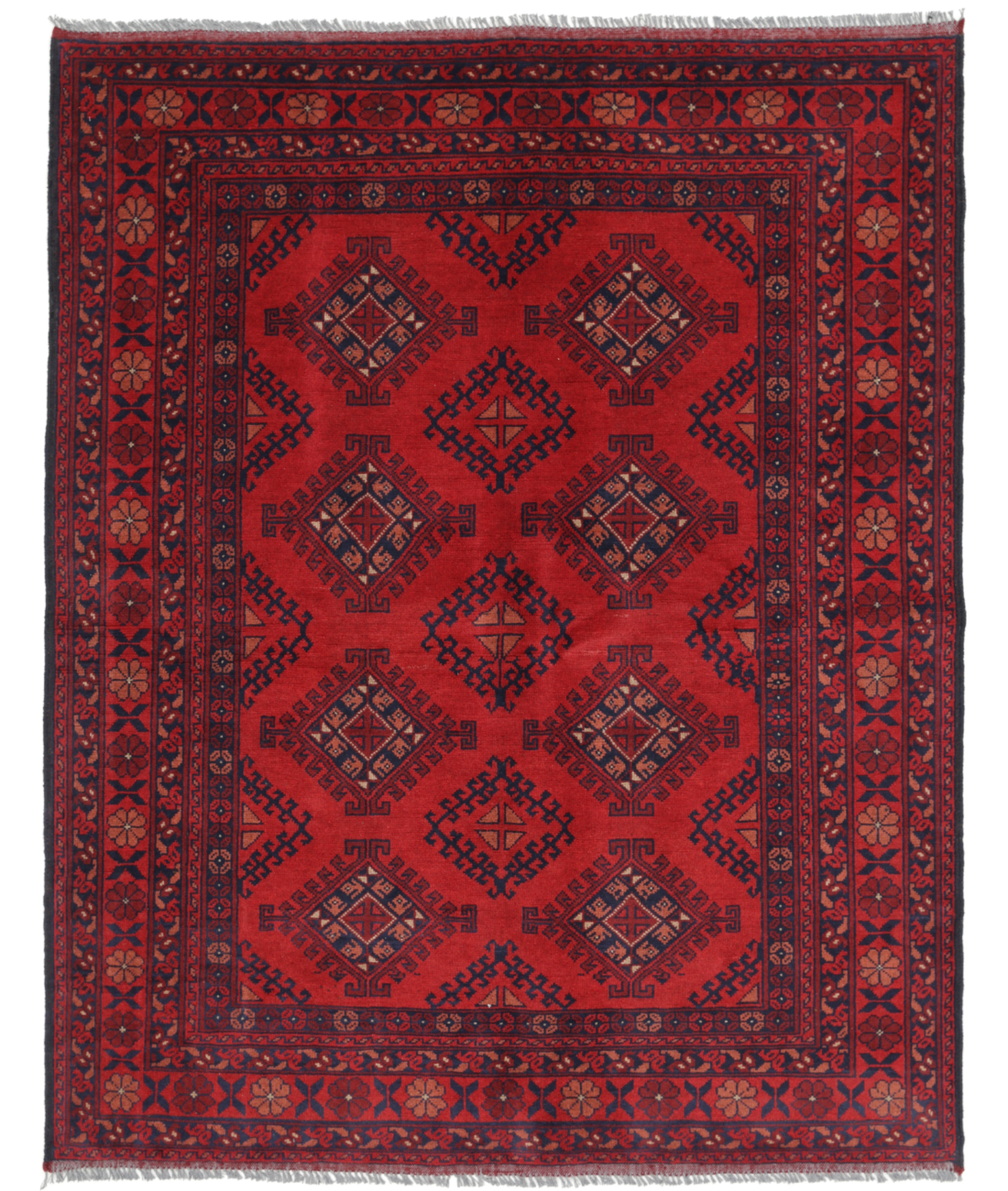 Hand Knotted Afghan Wool Rug  - 5&#39; 0&quot; X 6&#39; 3&quot; 5&#39; 0&quot; X 6&#39; 3&quot; (152 X 191) / Red / Black