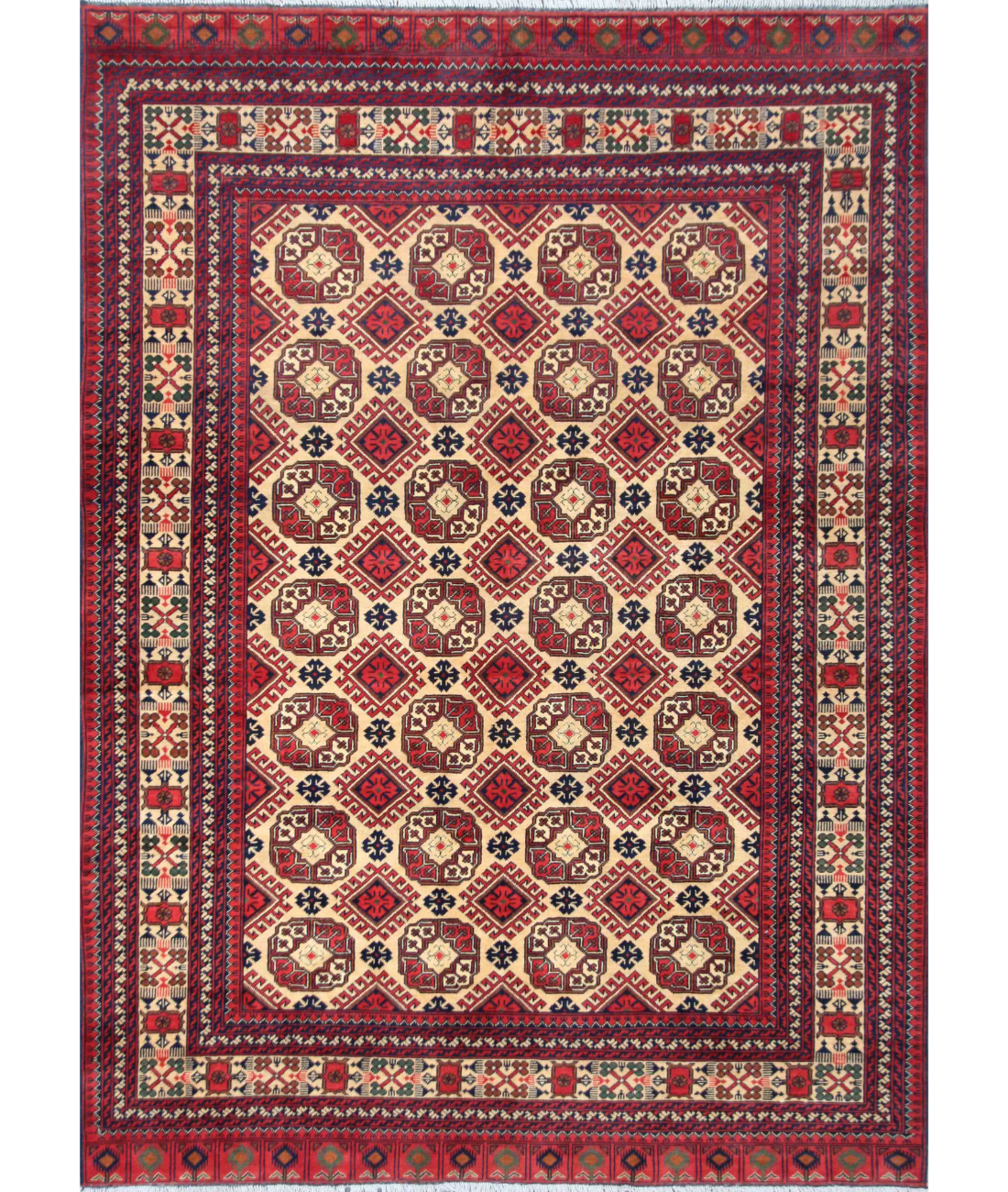 Hand Knotted Afghan Wool Rug  - 6&#39; 9&quot; X 9&#39; 9&quot; 6&#39; 9&quot; X 9&#39; 9&quot; (206 X 297) / Beige / Red