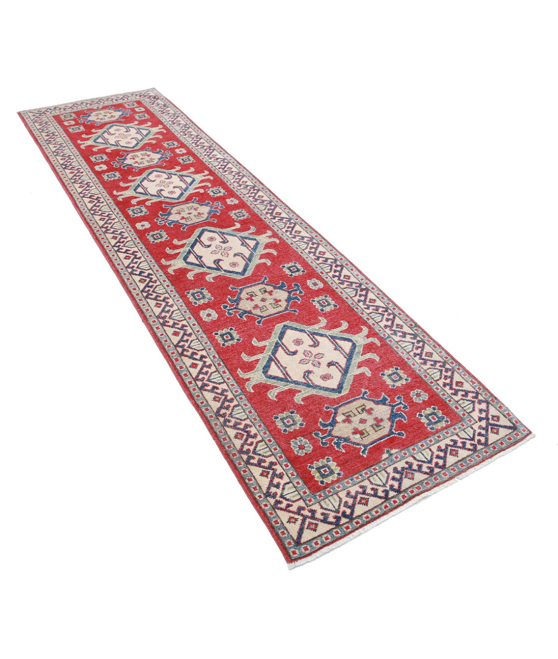 Hand Knotted Tribal Kazak Wool Rug - 2'8'' x 9'8'' 2'8'' x 9'8'' (80 X 290) / Red / Ivory