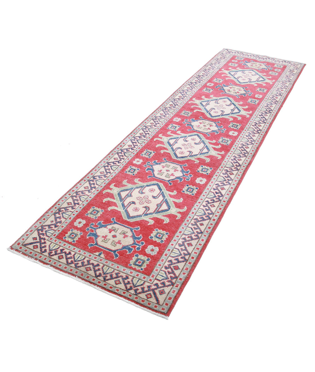 Hand Knotted Tribal Kazak Wool Rug - 2'8'' x 9'8'' 2'8'' x 9'8'' (80 X 290) / Red / Ivory