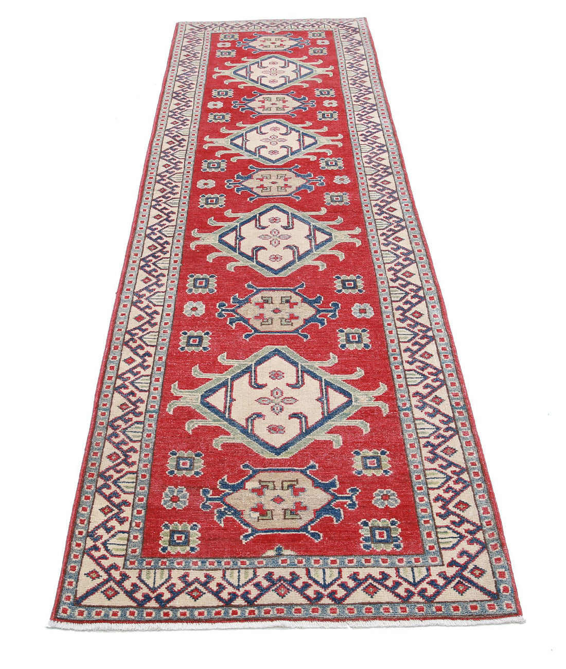 Hand Knotted Tribal Kazak Wool Rug - 2'8'' x 9'8'' 2'8'' x 9'8'' (80 X 290) / Red / Ivory