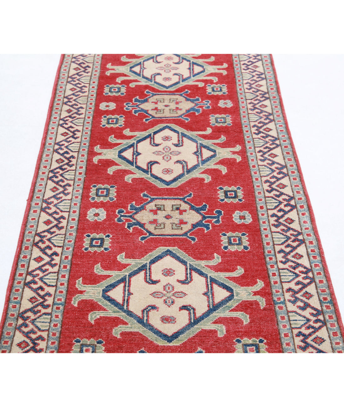 Hand Knotted Tribal Kazak Wool Rug - 2'8'' x 9'8'' 2'8'' x 9'8'' (80 X 290) / Red / Ivory