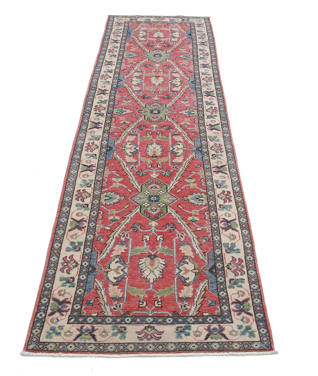 Hand Knotted Tribal Kazak Wool Rug - 2'5'' x 9'8'' 2'5'' x 9'8'' (73 X 290) / Red / Ivory