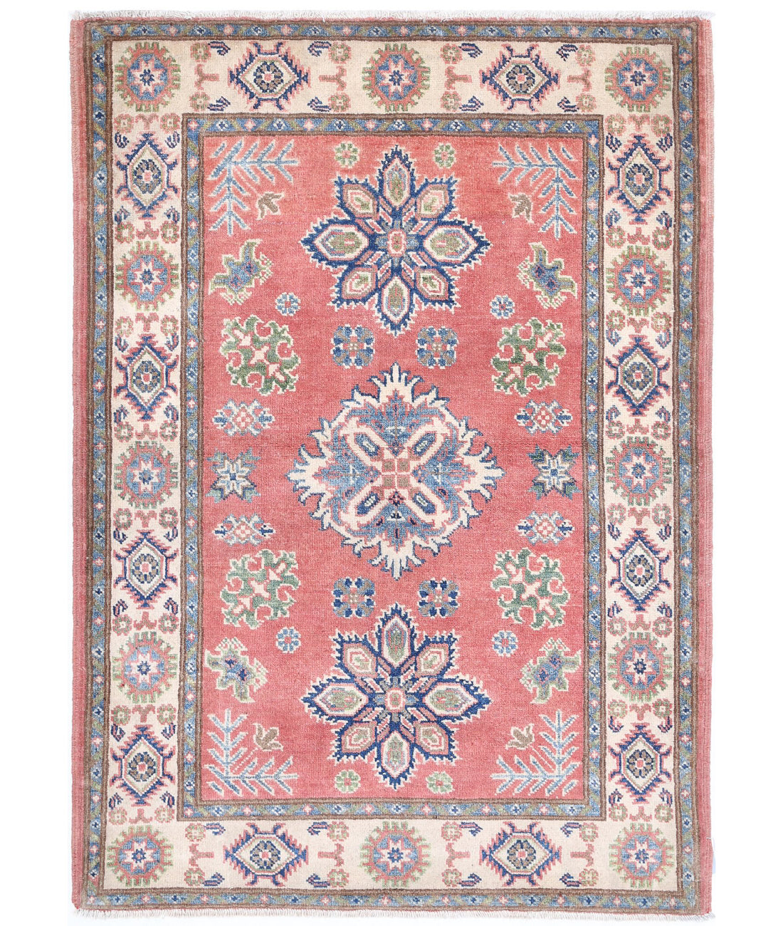 Hand Knotted Tribal Kazak Wool Rug - 3&#39;3&#39;&#39; x 4&#39;9&#39;&#39; 3&#39;3&#39;&#39; x 4&#39;9&#39;&#39; (98 X 143) / Red / Ivory