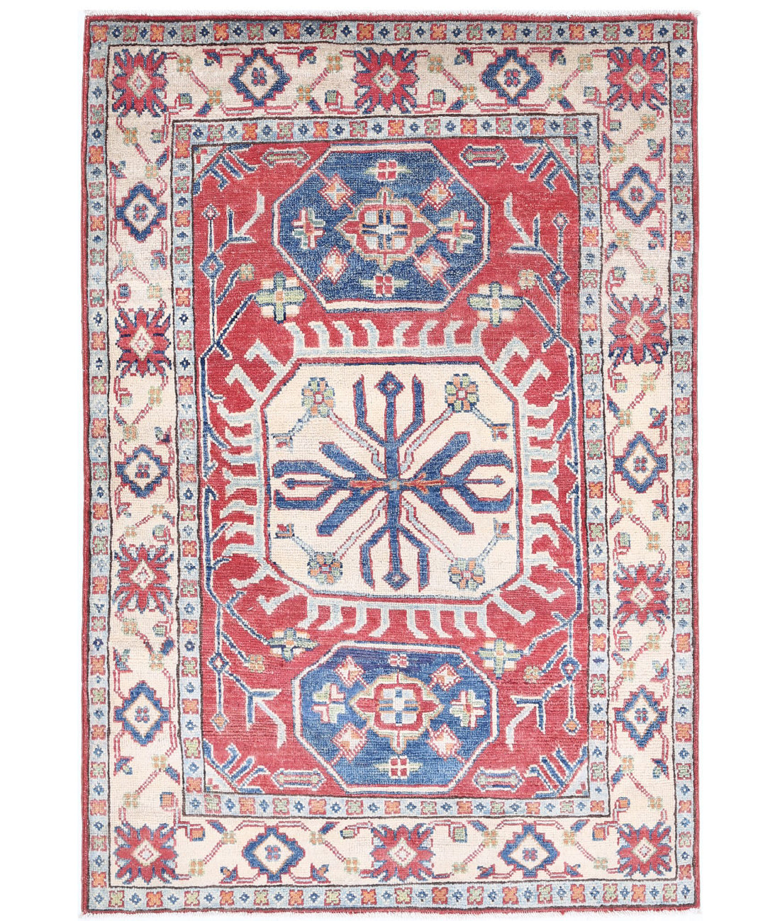 Hand Knotted Tribal Kazak Wool Rug - 3'3'' x 5'0'' 3'3'' x 5'0'' (98 X 150) / Red / Ivory