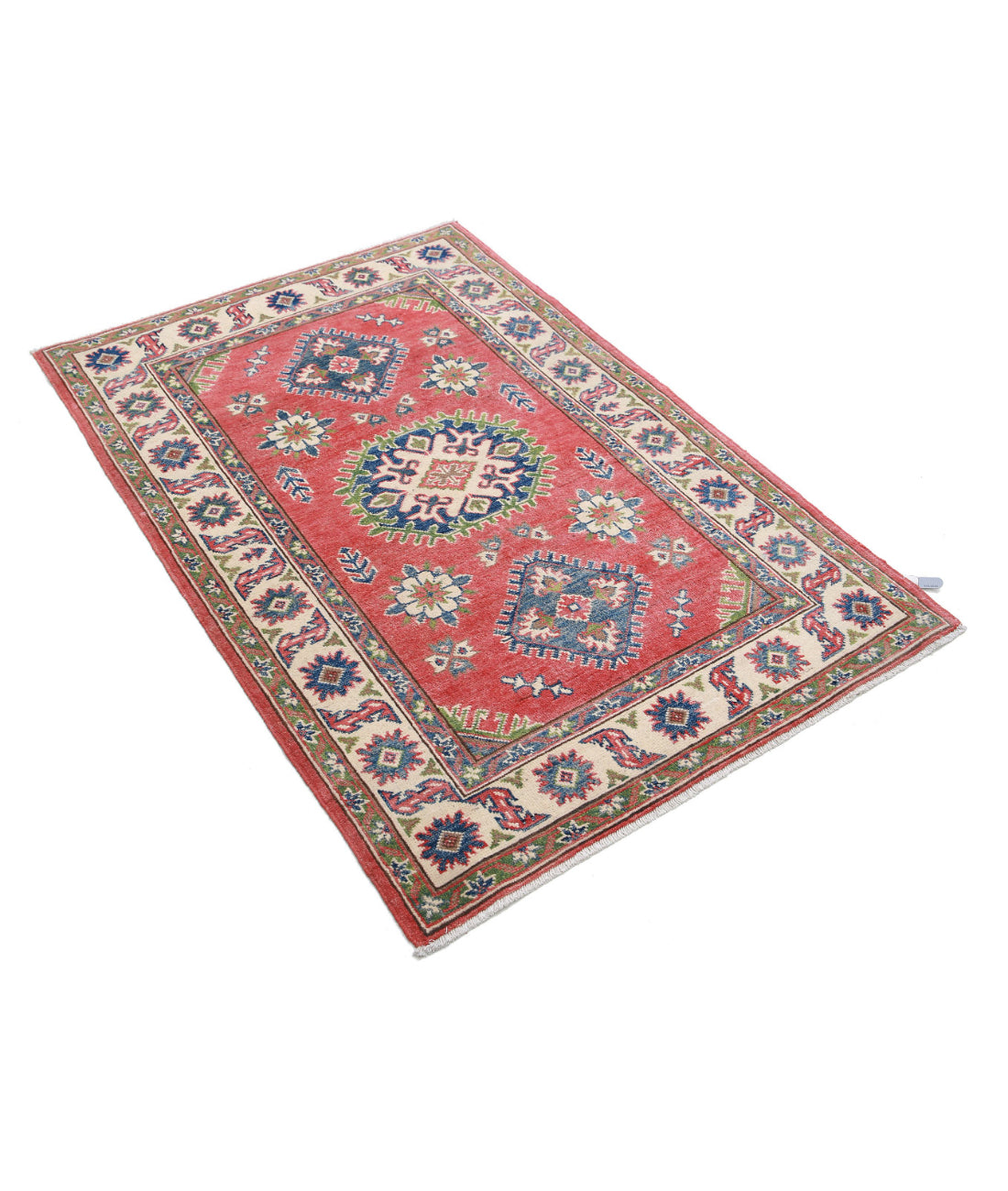 Hand Knotted Tribal Kazak Wool Rug - 3'3'' x 4'10'' 3'3'' x 4'10'' (98 X 145) / Red / Ivory