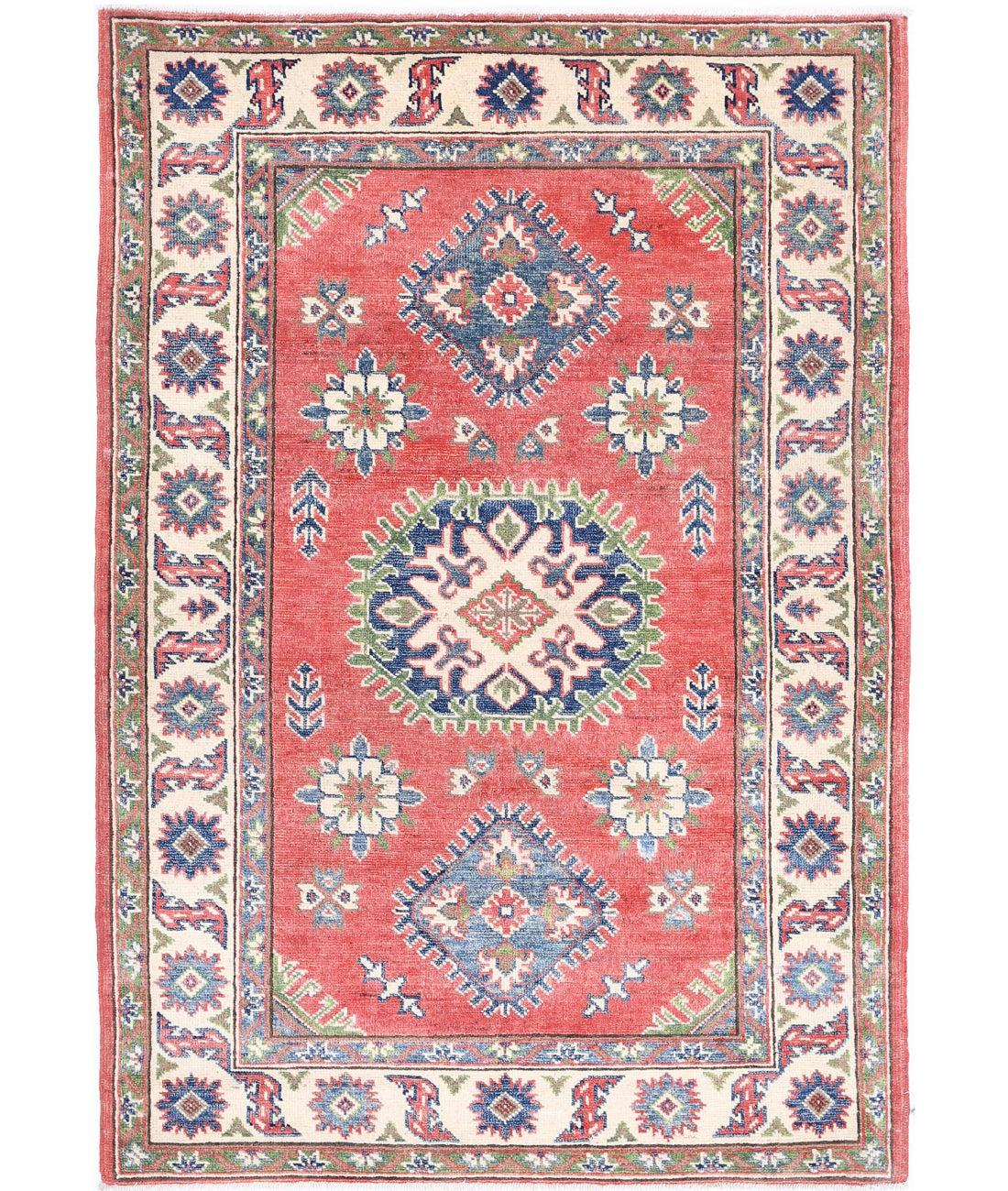 Hand Knotted Tribal Kazak Wool Rug - 3'3'' x 4'10'' 3'3'' x 4'10'' (98 X 145) / Red / Ivory