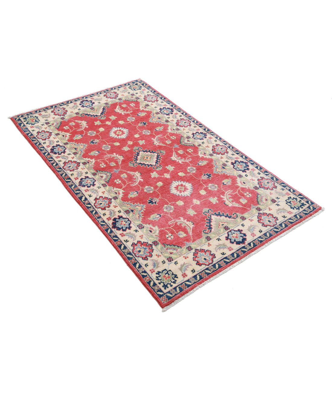 Hand Knotted Tribal Kazak Wool Rug - 3'1'' x 5'2'' 3'1'' x 5'2'' (93 X 155) / Red / Ivory