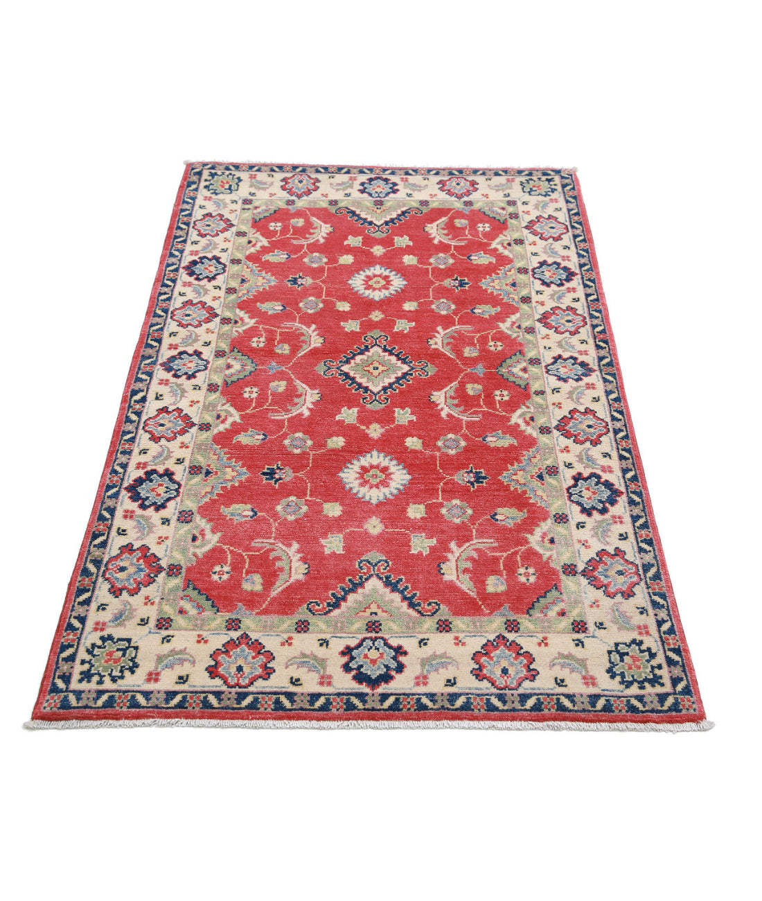 Hand Knotted Tribal Kazak Wool Rug - 3'1'' x 5'2'' 3'1'' x 5'2'' (93 X 155) / Red / Ivory