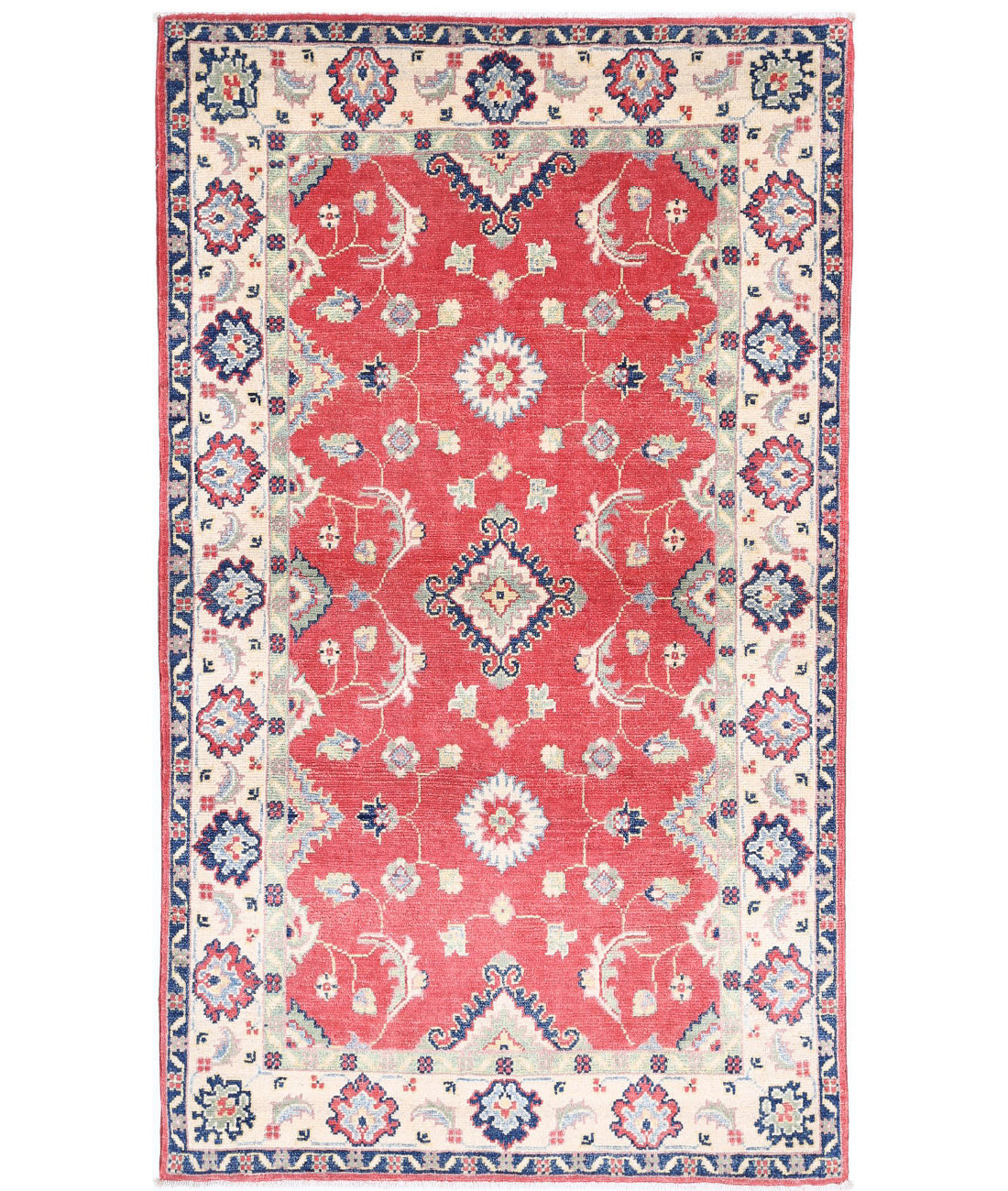 Hand Knotted Tribal Kazak Wool Rug - 3&#39;1&#39;&#39; x 5&#39;2&#39;&#39; 3&#39;1&#39;&#39; x 5&#39;2&#39;&#39; (93 X 155) / Red / Ivory