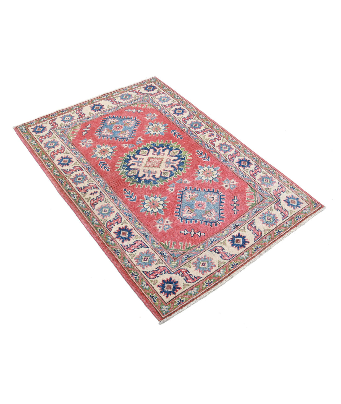 Hand Knotted Tribal Kazak Wool Rug - 3'3'' x 4'8'' 3'3'' x 4'8'' (98 X 140) / Red / Ivory