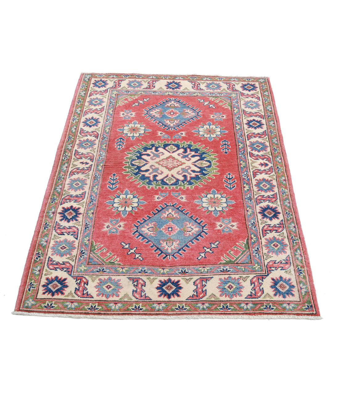 Hand Knotted Tribal Kazak Wool Rug - 3'3'' x 4'8'' 3'3'' x 4'8'' (98 X 140) / Red / Ivory