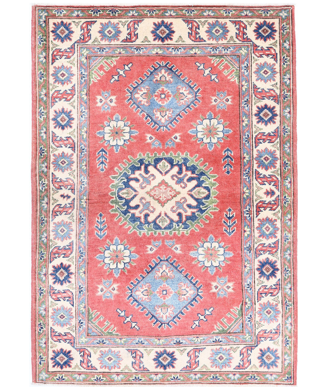 Hand Knotted Tribal Kazak Wool Rug - 3&#39;3&#39;&#39; x 4&#39;8&#39;&#39; 3&#39;3&#39;&#39; x 4&#39;8&#39;&#39; (98 X 140) / Red / Ivory