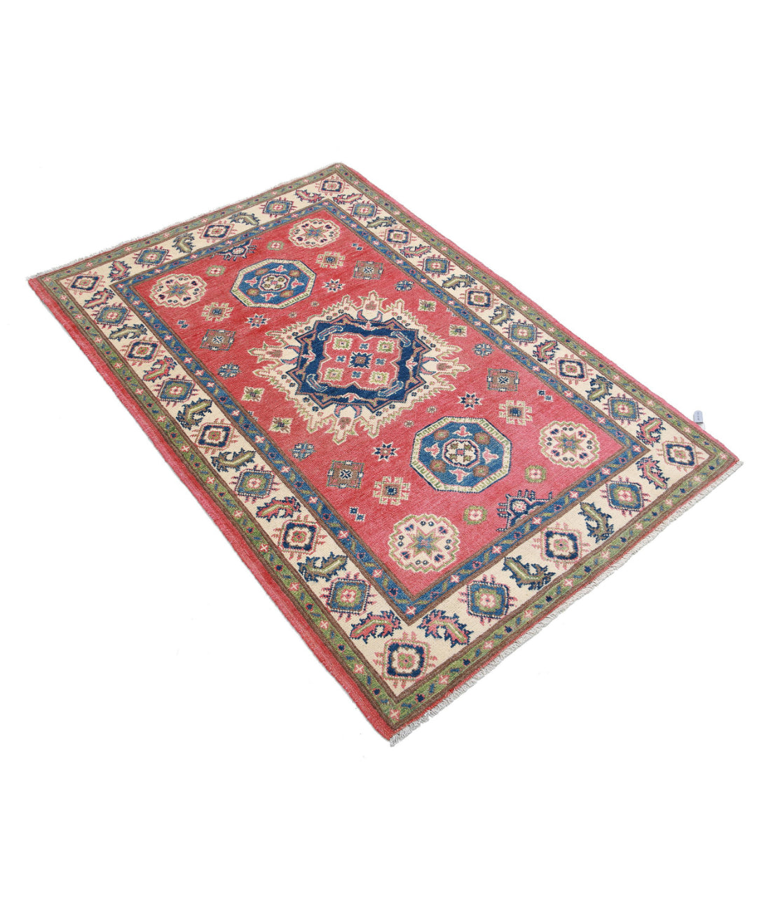 Hand Knotted Tribal Kazak Wool Rug - 3'3'' x 4'10'' 3'3'' x 4'10'' (98 X 145) / Red / Ivory