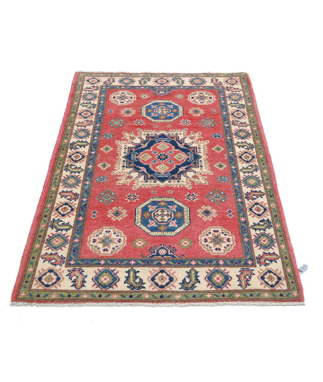 Hand Knotted Tribal Kazak Wool Rug - 3'3'' x 4'10'' 3'3'' x 4'10'' (98 X 145) / Red / Ivory