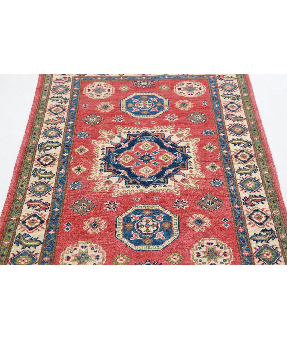 Hand Knotted Tribal Kazak Wool Rug - 3'3'' x 4'10'' 3'3'' x 4'10'' (98 X 145) / Red / Ivory