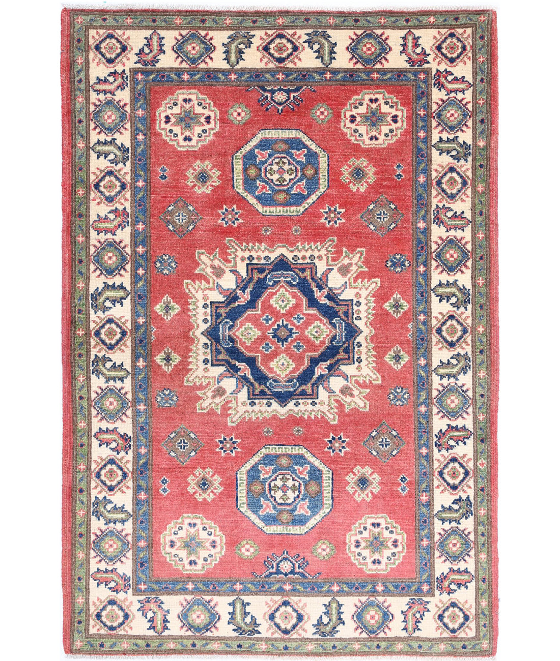 Hand Knotted Tribal Kazak Wool Rug - 3&#39;3&#39;&#39; x 4&#39;10&#39;&#39; 3&#39;3&#39;&#39; x 4&#39;10&#39;&#39; (98 X 145) / Red / Ivory