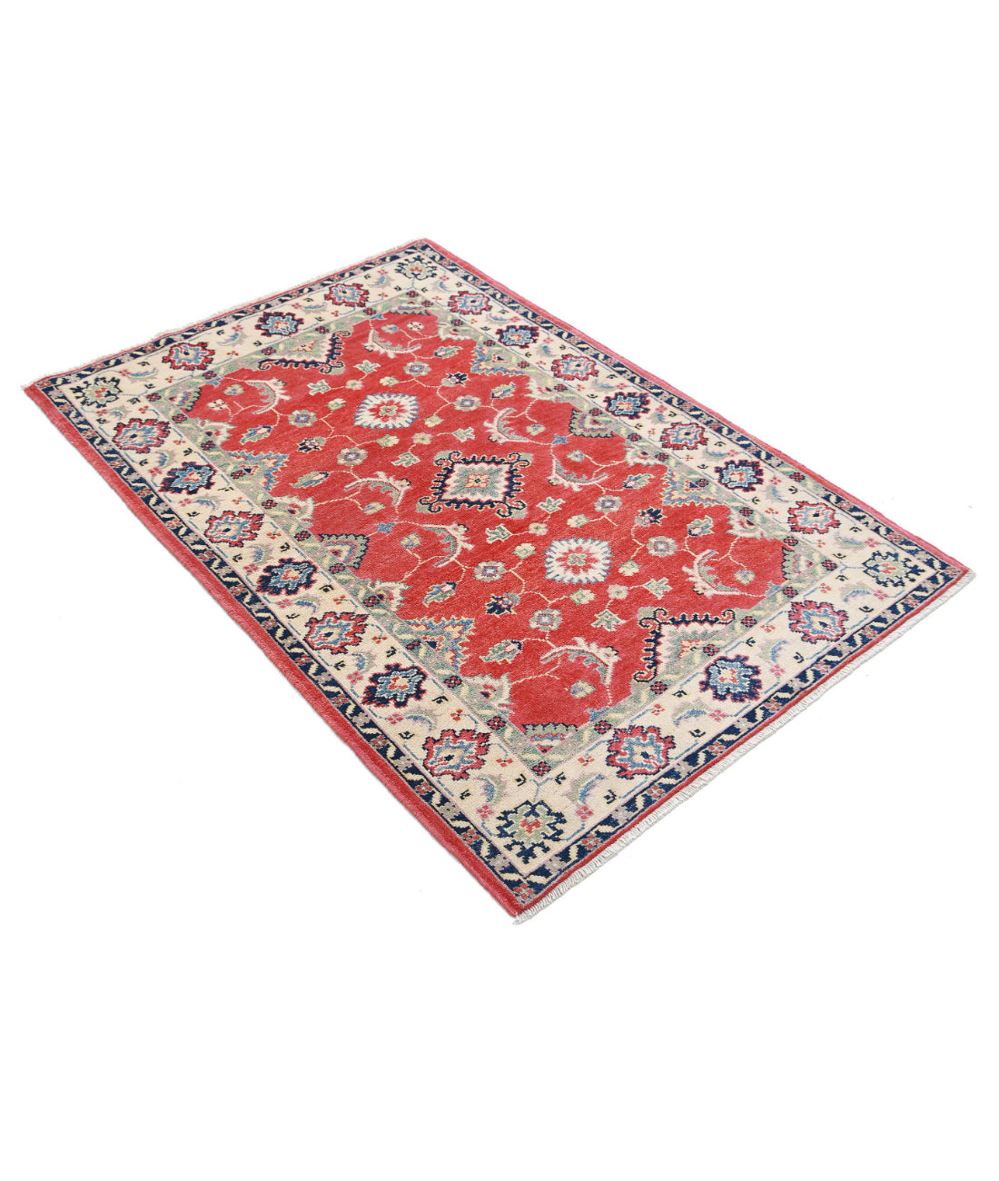 Hand Knotted Tribal Kazak Wool Rug - 3'2'' x 4'7'' 3'2'' x 4'7'' (95 X 138) / Red / Ivory