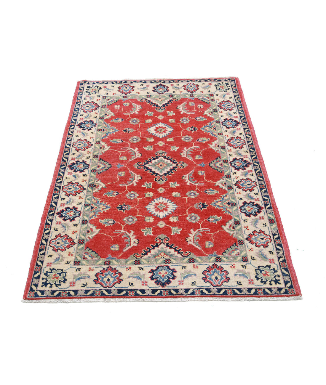 Hand Knotted Tribal Kazak Wool Rug - 3'2'' x 4'7'' 3'2'' x 4'7'' (95 X 138) / Red / Ivory