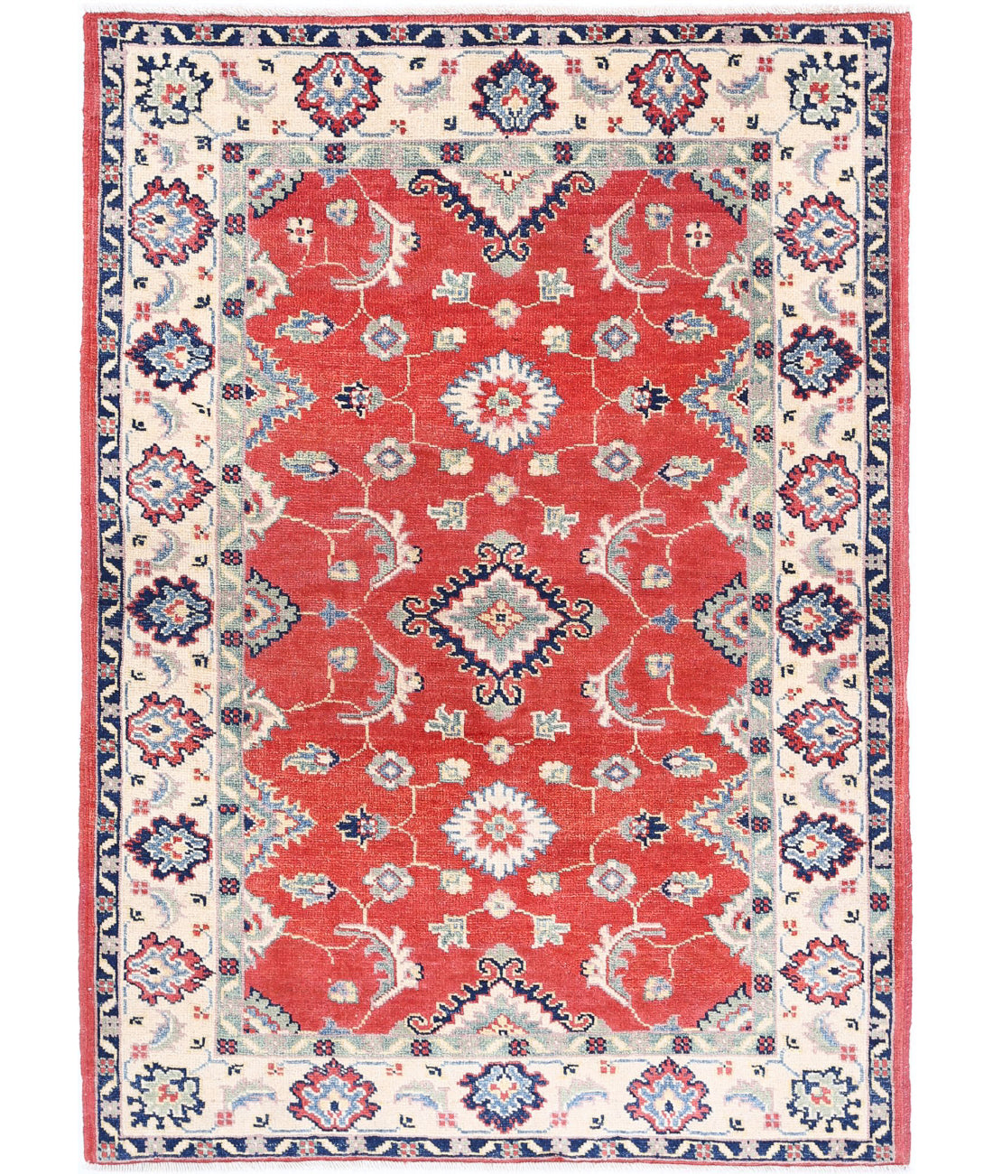 Hand Knotted Tribal Kazak Wool Rug - 3&#39;2&#39;&#39; x 4&#39;7&#39;&#39; 3&#39;2&#39;&#39; x 4&#39;7&#39;&#39; (95 X 138) / Red / Ivory